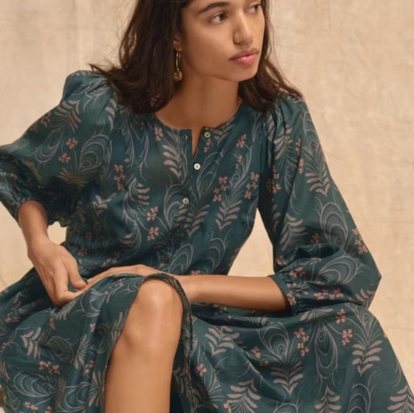 Wrap London Dresses & Skirts - WRAP LONDON Puff Sleeve Feathers & Floral Printed Cotton Midi Dress Sz 14